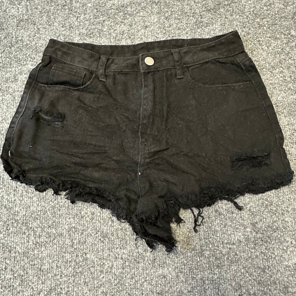 Unbranded Denim Shorts Womens Size 28 Black Distressed High Waisted Frayed Hem